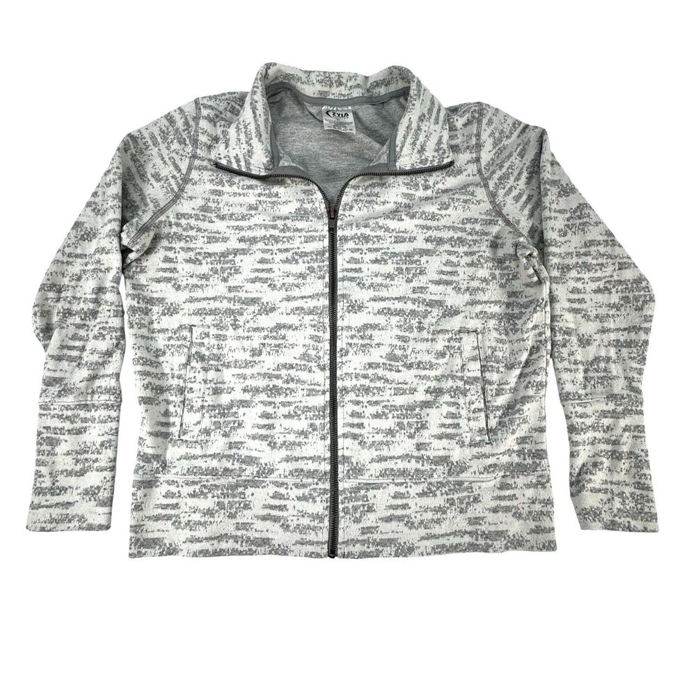 Zyia Active Jacket Medium Women Cream Gray Geometric Full Zip Long Sleeve